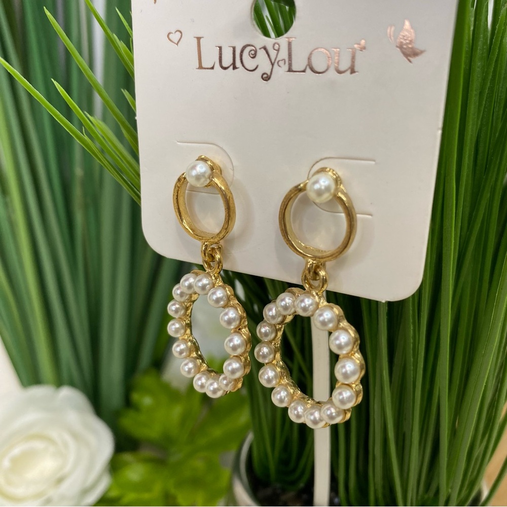 Double Hoop Faux Pearl Dangle Earrings Pierced Goldtone